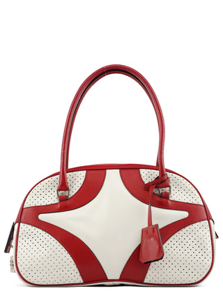 B11334 White Red Perforated Leather Bowling Bag