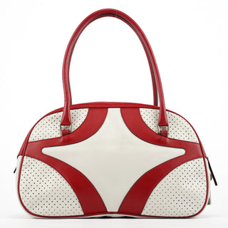 B11334 White Red Perforated Leather Bowling Bag