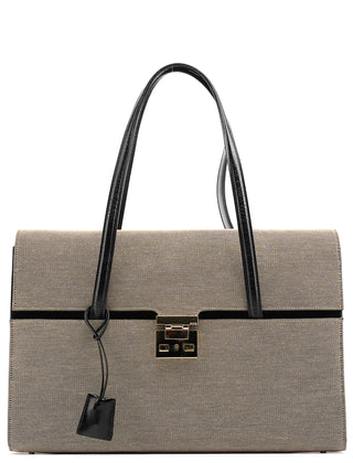 001 4213 Beige Black Canvas Lady Lock Tote Bag