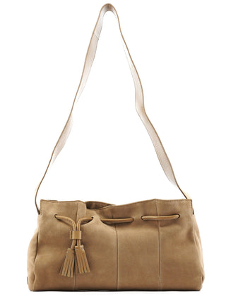 Beige Suede Tassel Drawstring Shoulder Bag