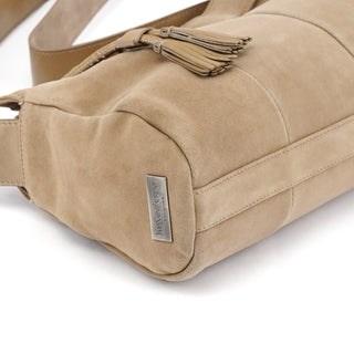 Beige Suede Tassel Drawstring Shoulder Bag