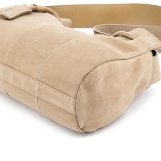 Beige Suede Tassel Drawstring Shoulder Bag