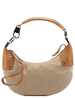 109208 Beige Brown Canvas Half Moon Hobo Bag