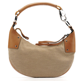 109208 Beige Brown Canvas Half Moon Hobo Bag