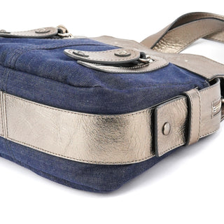 Navy Denim Silver Leather Logo Tote Bag