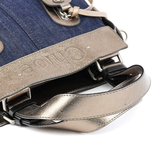 Navy Denim Silver Leather Logo Tote Bag