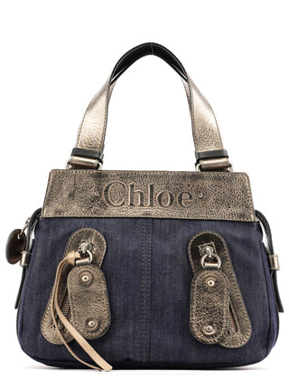 Navy Denim Silver Leather Logo Tote Bag