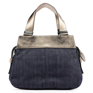 Navy Denim Silver Leather Logo Tote Bag