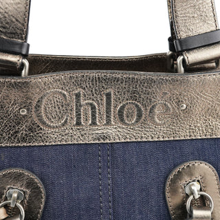 Navy Denim Silver Leather Logo Tote Bag