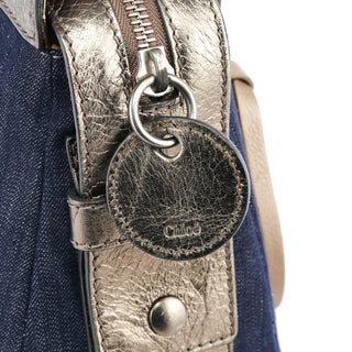 Navy Denim Silver Leather Logo Tote Bag