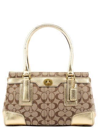 11062 Beige Gold Signature Turnlock Tote Bag