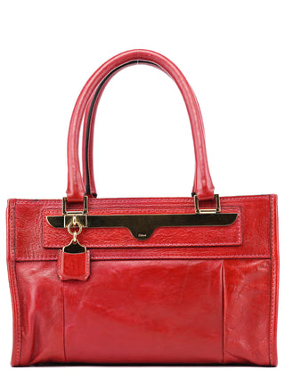 Chloé burgundy lambskin leather tote bag, front view with engraved Chloé bar plate and padlock charm