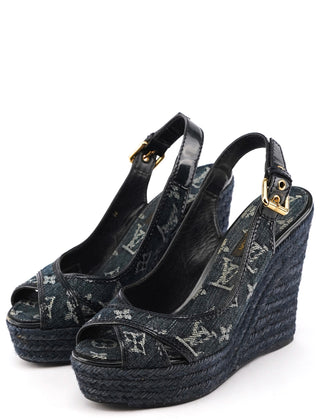 Monogram Denim Espadrille Wedge Sandals EU 37
