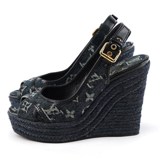 Monogram Denim Espadrille Wedge Sandals EU 37