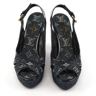 Monogram Denim Espadrille Wedge Sandals EU 37