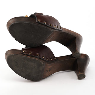 Brown Leather Muse Wooden Heel Mules EU 38