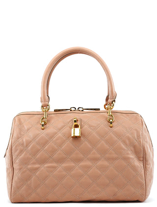Pink Beige Quilted Leather Bowling Bag