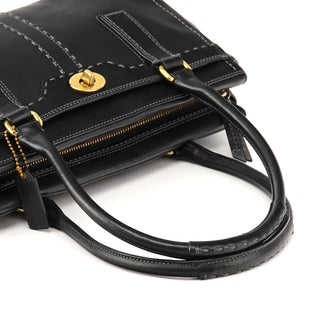 F11547 Black Leather Turnlock Tote Bag