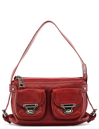 Red Leather Multi-Pocket Shoulder Bag