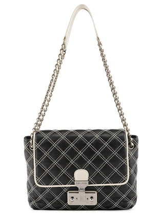 Black White Quilted Leather Flap Shoulder Bag