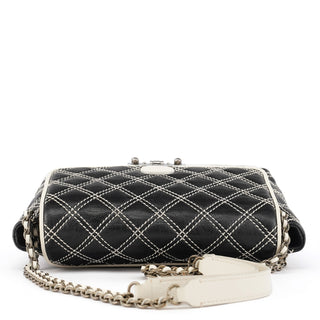 Black White Quilted Leather Flap Shoulder Bag