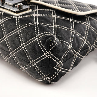 Black White Quilted Leather Flap Shoulder Bag