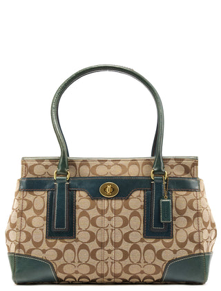 11063 Beige Teal Signature Turnlock Tote Bag