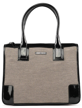 000 0855 Beige Black Canvas Patent Leather Tote Bag