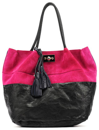 Pink Black Suede Leather Tassel Tote Bag