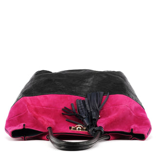 Pink Black Suede Leather Tassel Tote Bag
