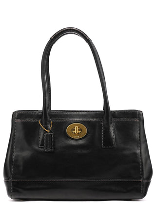 11653 Black Leather Turnlock Tote Bag