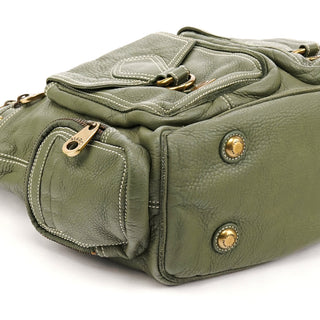 Khaki Green Leather Multi-Pocket Shoulder Bag