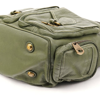 Khaki Green Leather Multi-Pocket Shoulder Bag