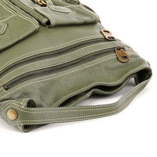 Khaki Green Leather Multi-Pocket Shoulder Bag