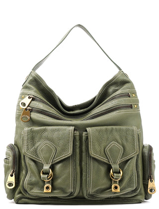 Khaki Green Leather Multi-Pocket Shoulder Bag