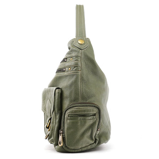 Khaki Green Leather Multi-Pocket Shoulder Bag