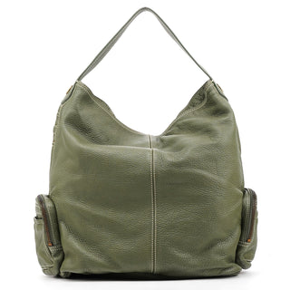 Khaki Green Leather Multi-Pocket Shoulder Bag