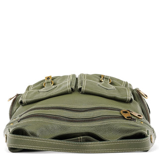 Khaki Green Leather Multi-Pocket Shoulder Bag