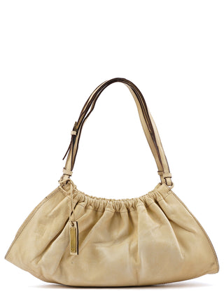 109156 Beige Leather Ruched Hobo Shoulder Bag