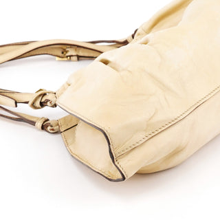 109156 Beige Leather Ruched Hobo Shoulder Bag