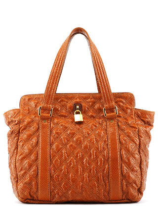 Tan Snake Embossed Quilted Leather Tote Bag