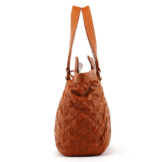Tan Snake Embossed Quilted Leather Tote Bag