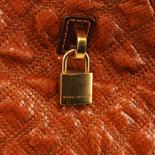 Tan Snake Embossed Quilted Leather Tote Bag