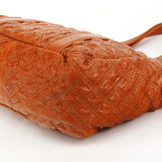 Tan Snake Embossed Quilted Leather Tote Bag