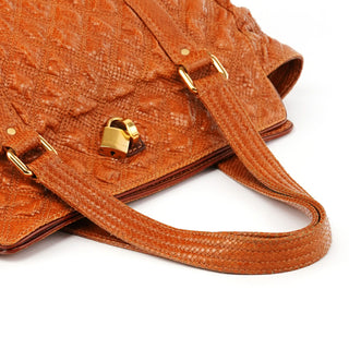 Tan Snake Embossed Quilted Leather Tote Bag