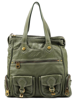 Olive Pebbled Leather Multi-Pocket Tote Bag