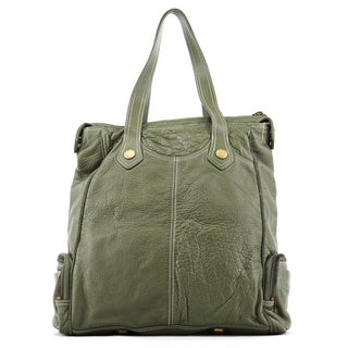 Olive Pebbled Leather Multi-Pocket Tote Bag