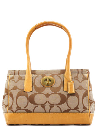 Beige Brown Signature Canvas Turnlock Tote Bag