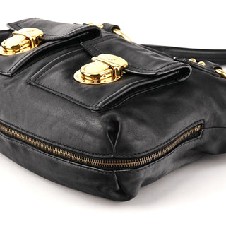 Black Leather Multi-Pocket 2-Way Bag