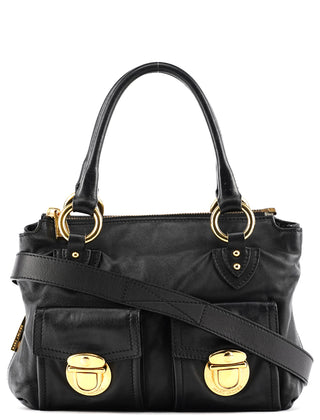 Black Leather Multi-Pocket 2-Way Bag